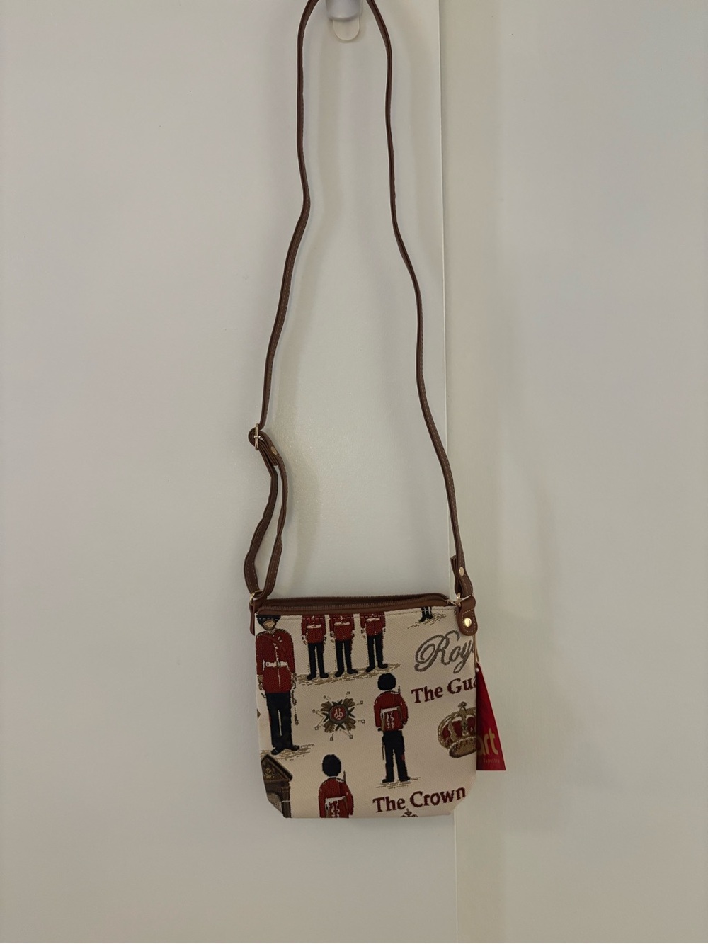 Canvas Crossbody Bag with Royal Guard Print - Brown Strap